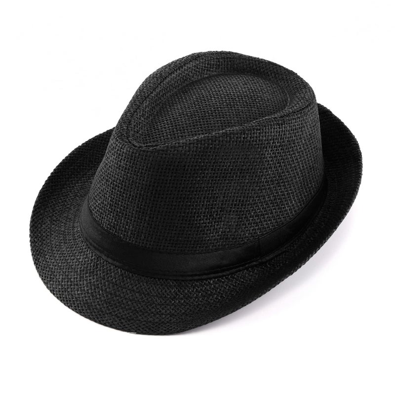 FALETO Unisex Summer Panama Straw Fedora Hat Short Brim Beach Sun Cap Classic (#01 Black) - Image 1